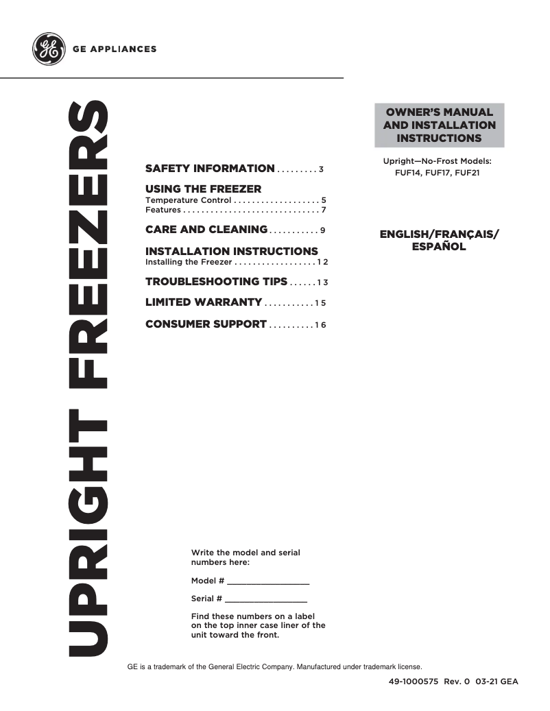 Page 1 de la notice Guide d'installation GE FUF17QRRWW