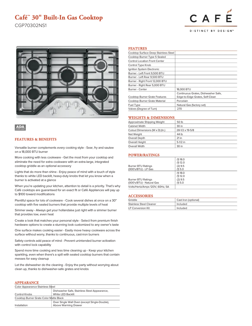 Page 1 of the manual Technical Sheet GE Cafe CGP70302NS1
