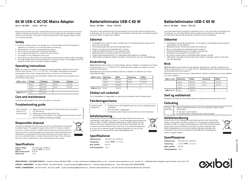 Page 1 de la notice Manuel utilisateur Exibel ADH136