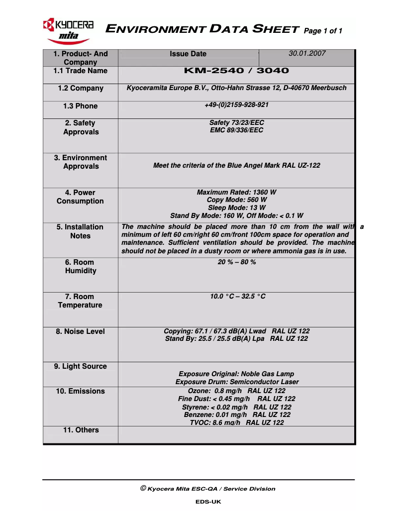 Page 1 de la notice Fiche technique Kyocera KM-2540