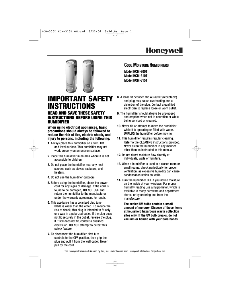 Page 1 de la notice Manuel utilisateur Honeywell HCM-315