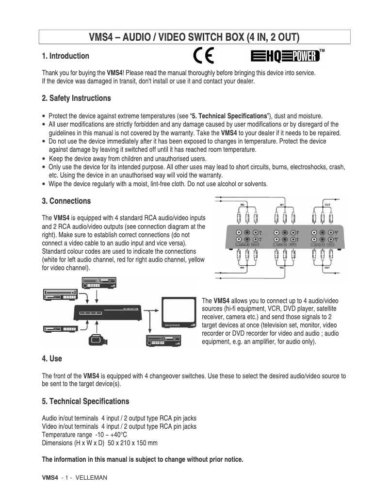 Page 1 de la notice Manuel utilisateur Velleman VMS4