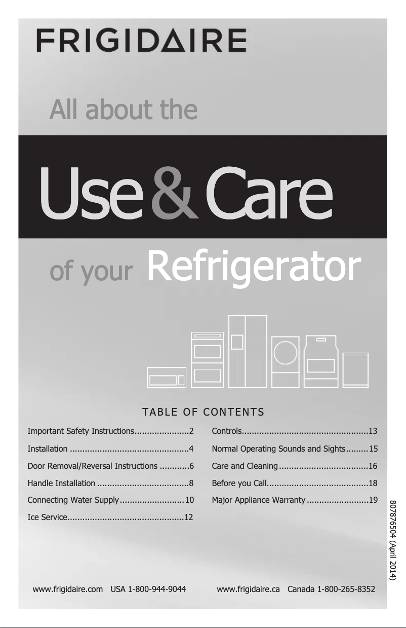 Page 1 de la notice Manuel d'utilisation et d'entretien Frigidaire FFTR1821Q