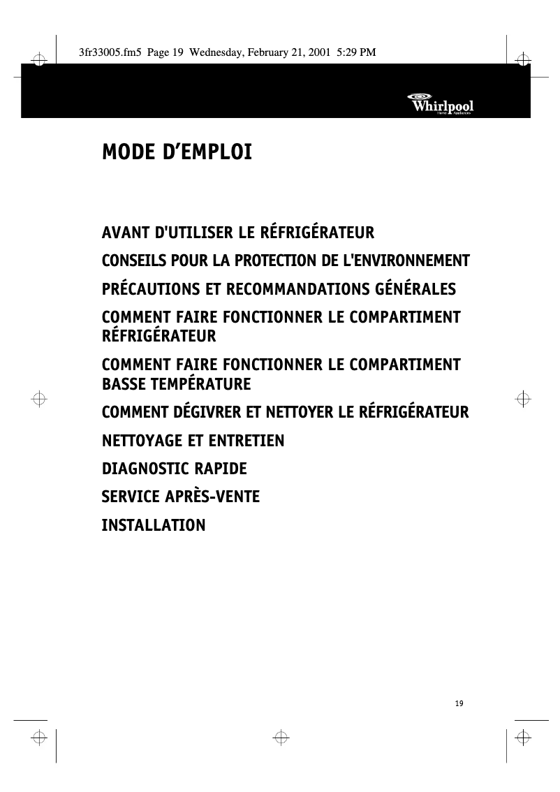 Page 1 de la notice Manuel utilisateur Whirlpool ART 222/G