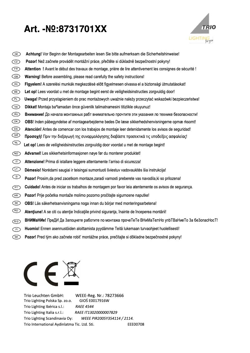 Page 1 de la notice Manuel utilisateur Trio Lighting Narcos 873170107