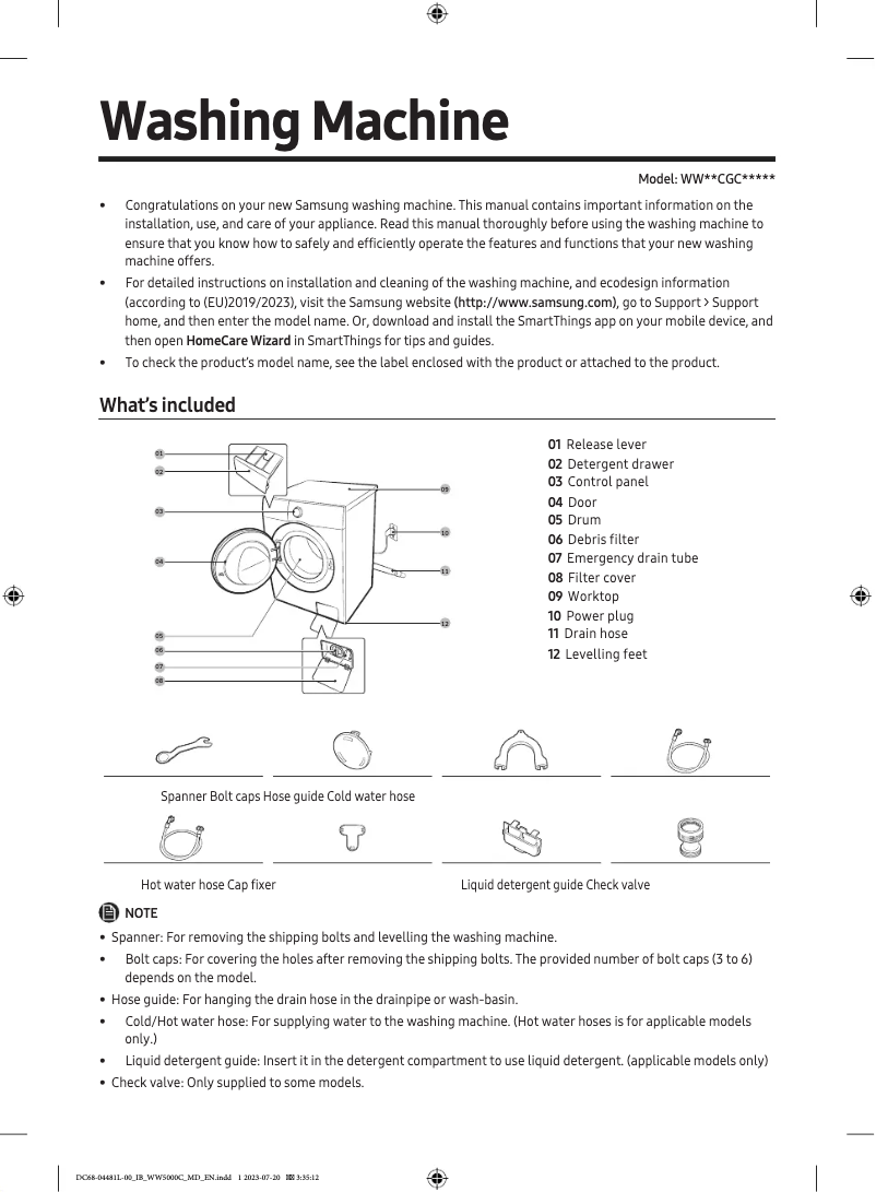 Page 1 de la notice Guide de démarrage rapide Samsung WW80CGC04DAE