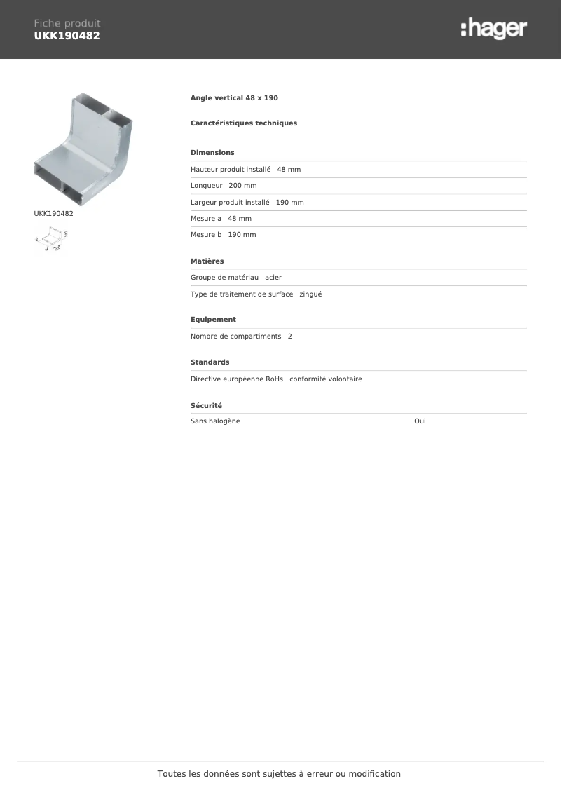 Page 1 de la notice Fiche technique Hager UKK190482