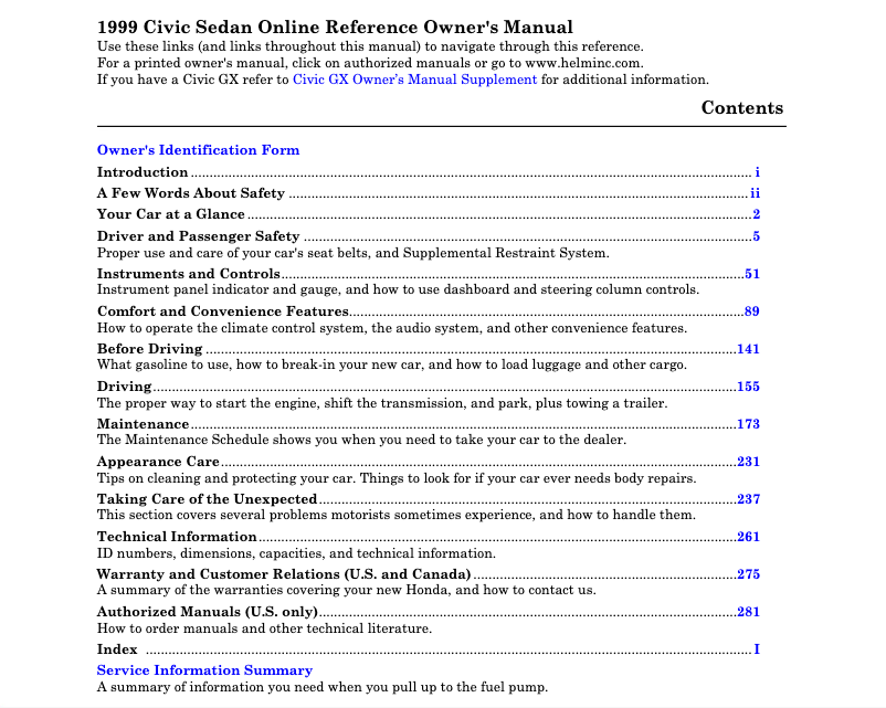 Page 1 de la notice Manuel utilisateur Honda Civic Hatchback (1999)