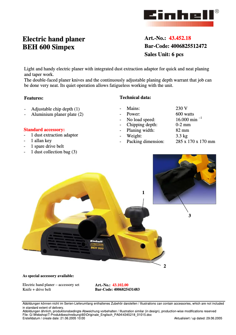 Page 1 de la notice Fiche technique Bavaria by Einhell BEH 600