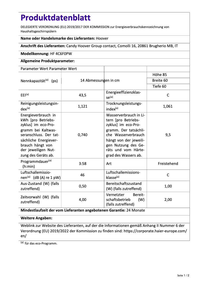 Página 1 del manual Ficha técnica Hoover HF 4C6F0PW