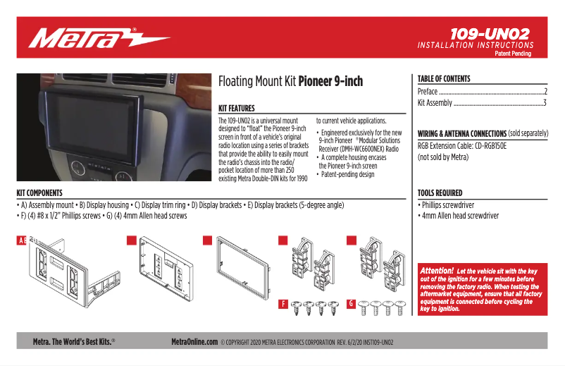 Page 1 de la notice Fiche technique Metra 109-UN02