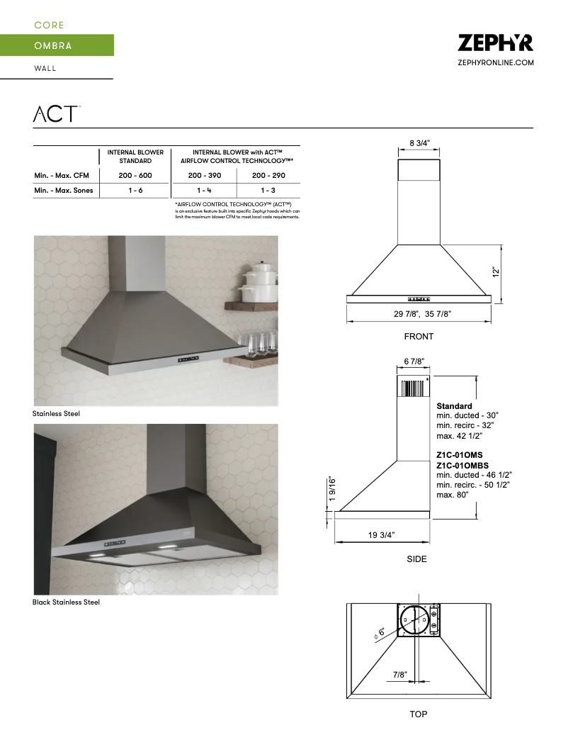 Página 1 del manual Ficha técnica Zephyr Ombra ZOM-E36BS