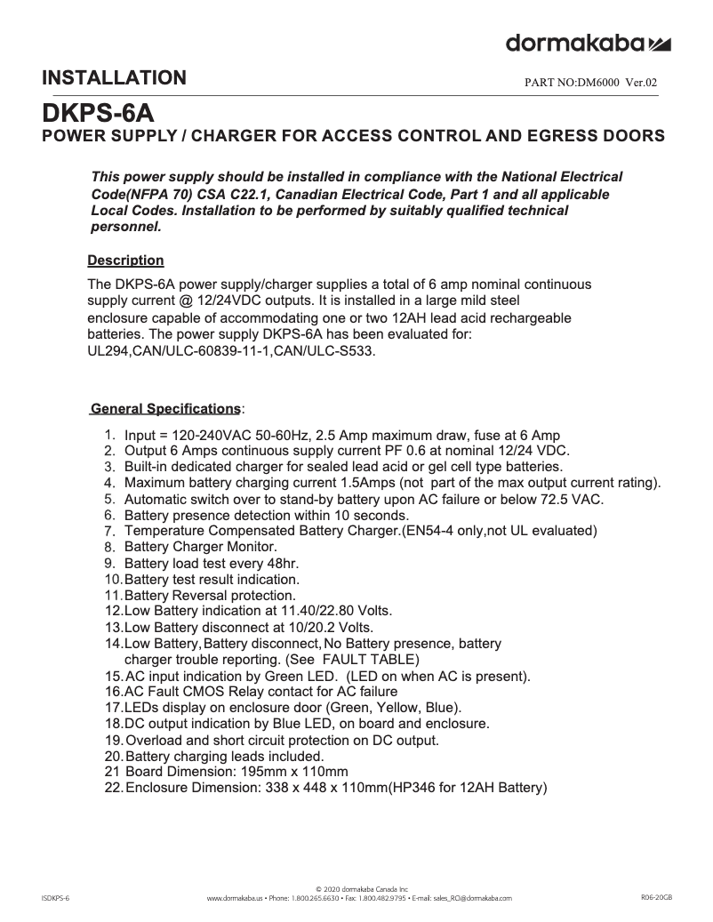 Page 1 of the manual User Manual Dormakaba DKPS-6A