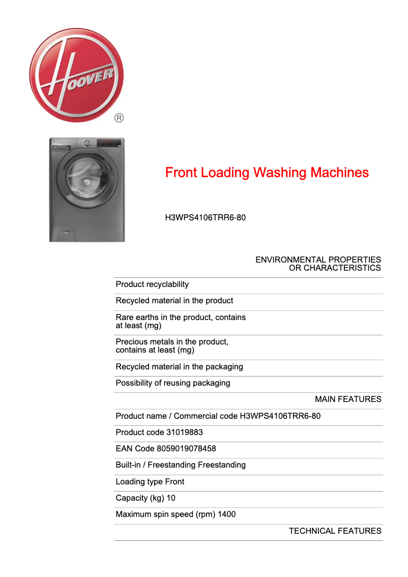 Página 1 del manual Ficha técnica Hoover H3WPS4106TRR6-80