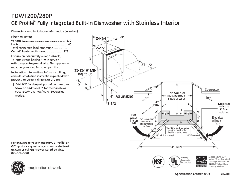 Page n°1 - Fiche technique GE Profile PDWT200PWW