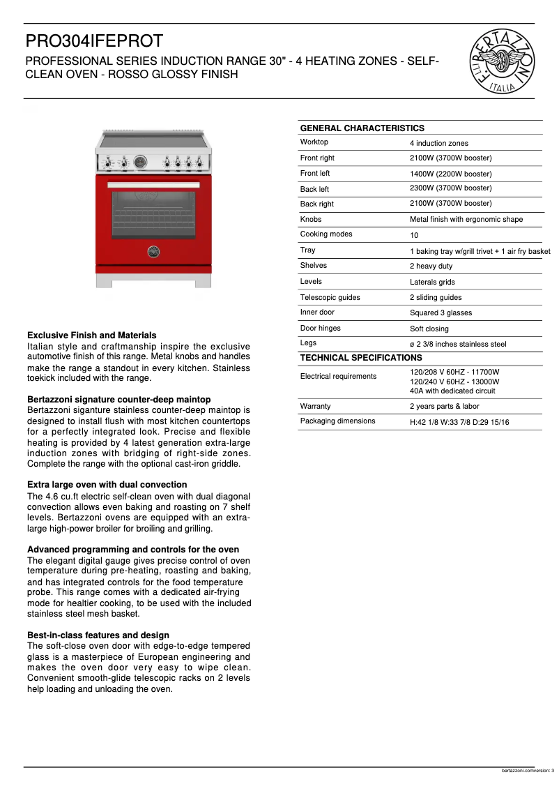 Page 1 de la notice Fiche technique Bertazzoni PRO304IFEPROT