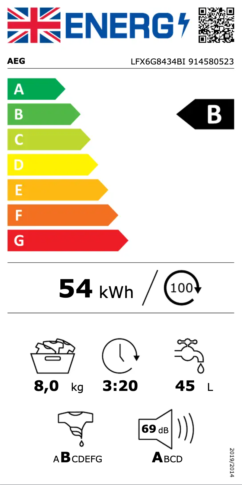 Page 1 de la notice Label énergétique AEG LFX6G8434BI