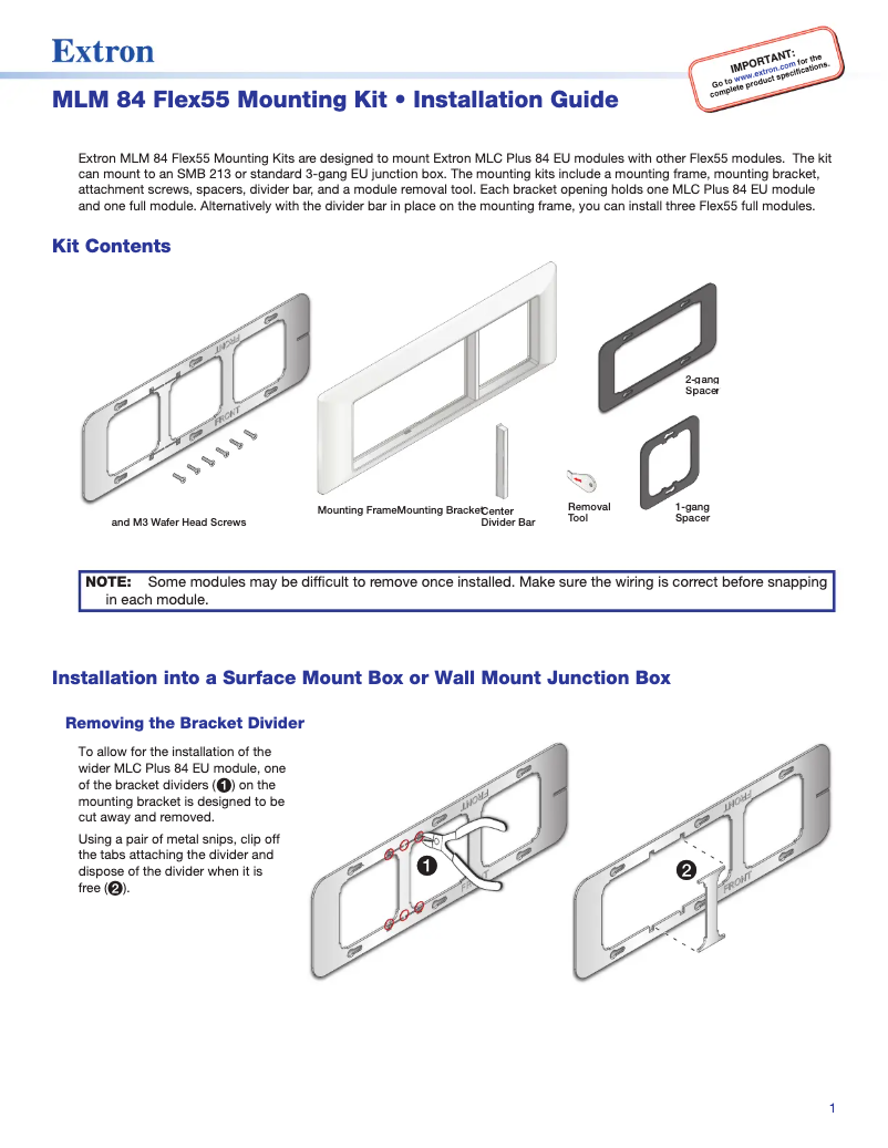 Page 1 de la notice Manuel utilisateur Extron MLM 84 Flex55