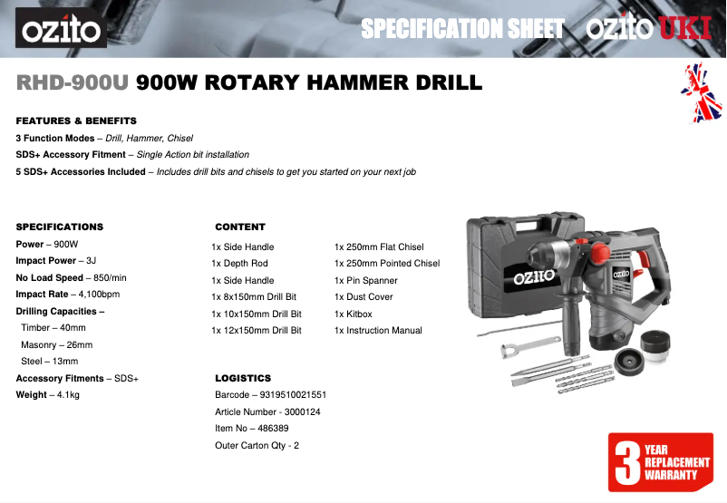 Page 1 de la notice Fiche technique Ozito RHD-900U