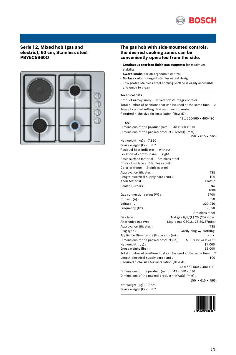 Page 1 de la notice Fiche technique Bosch PBY6C5B60O