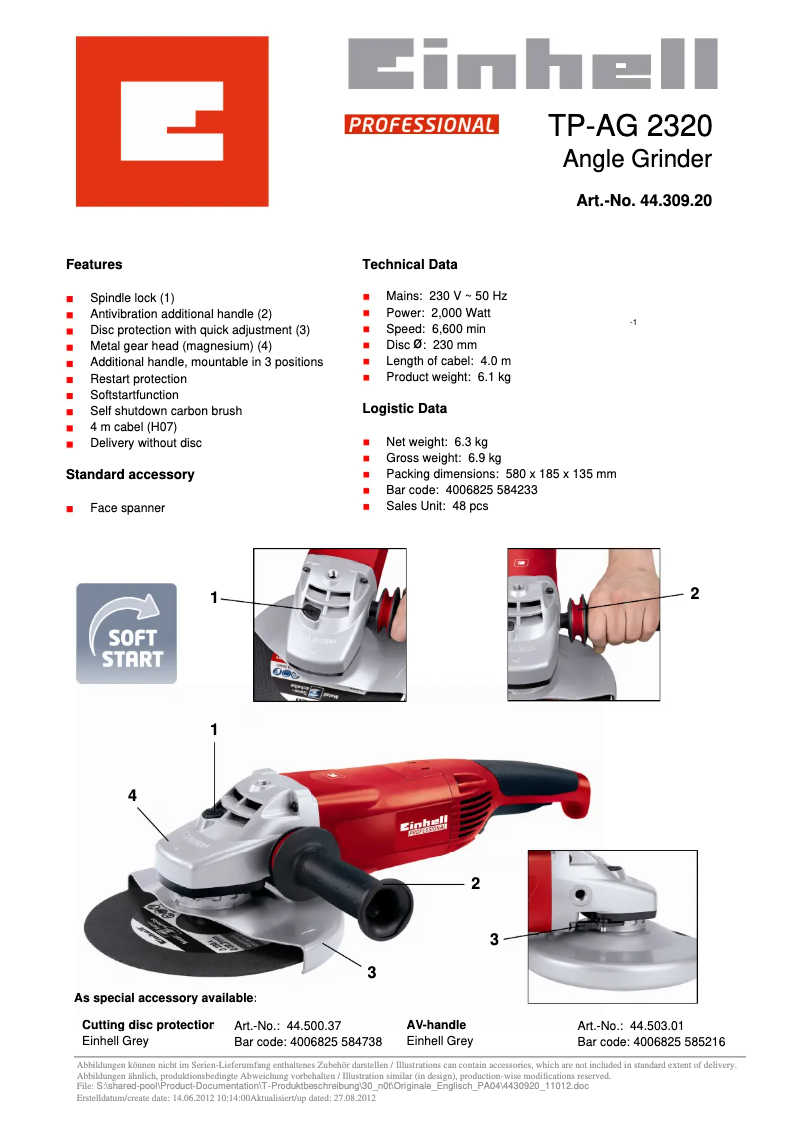 Page 1 de la notice Fiche technique Einhell Professional TP-AG 2320