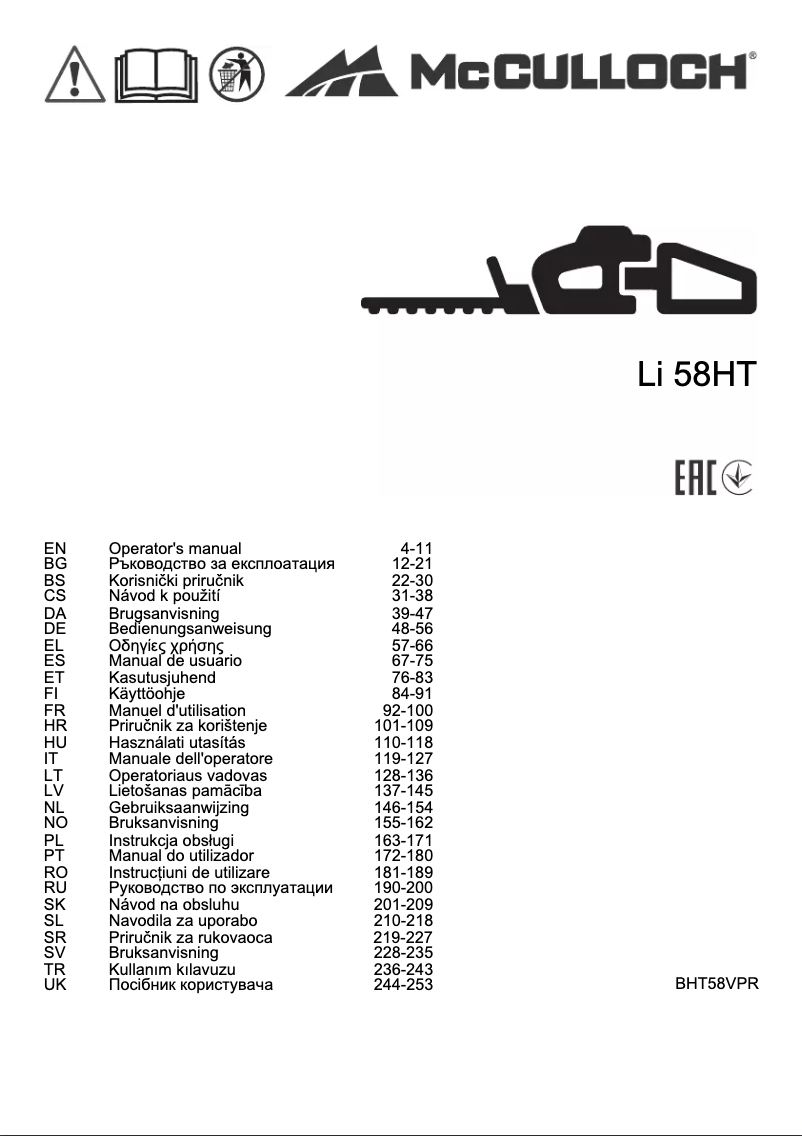 Page 1 de la notice Manuel utilisateur McCulloch PowerCut Li-58HT