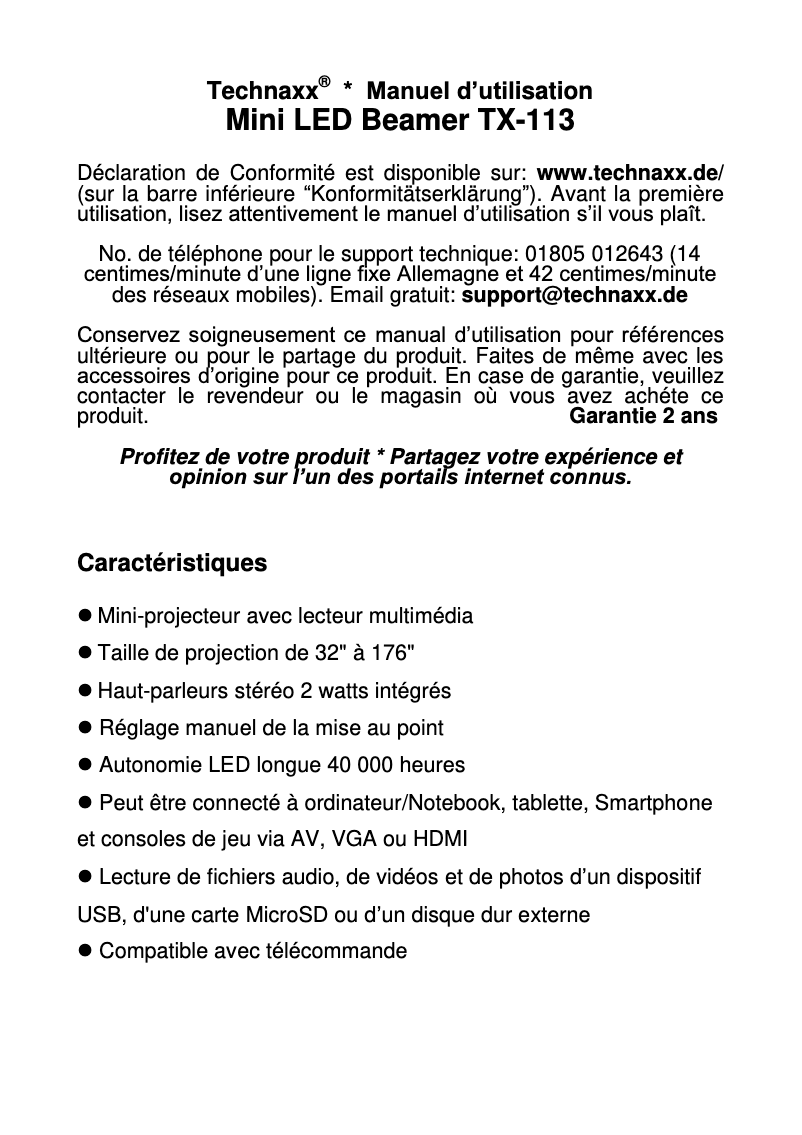 Page 1 de la notice Manuel utilisateur Technaxx TX-113