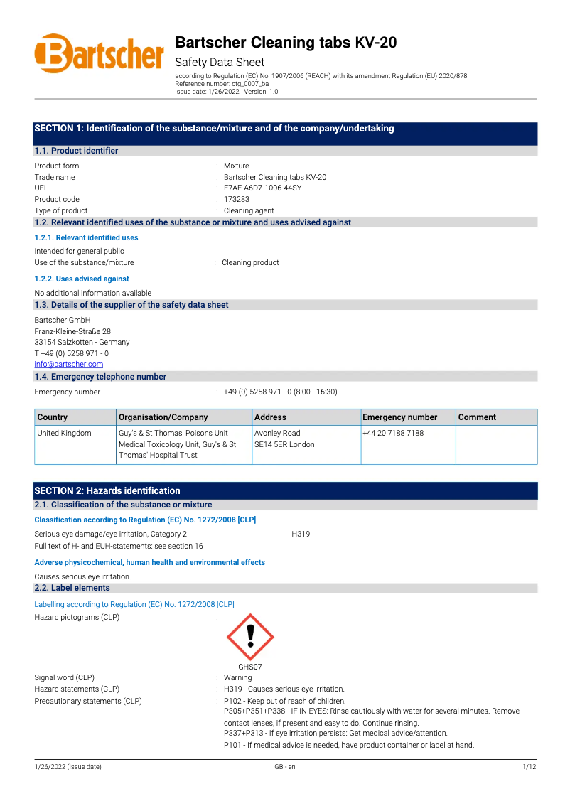 Página 1 del manual Ficha técnica Bartscher KV-20