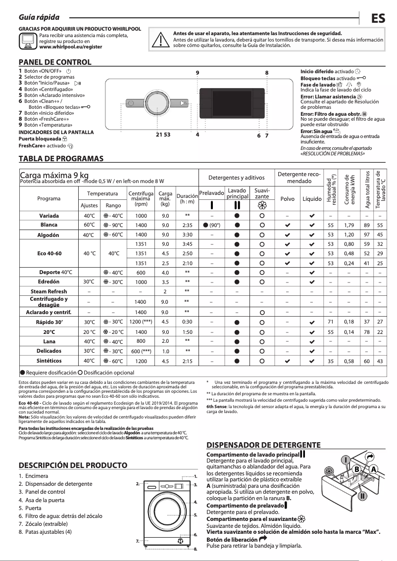 Página 1 del manual Manual de instrucciones Whirlpool FFB 9469 WV SPT