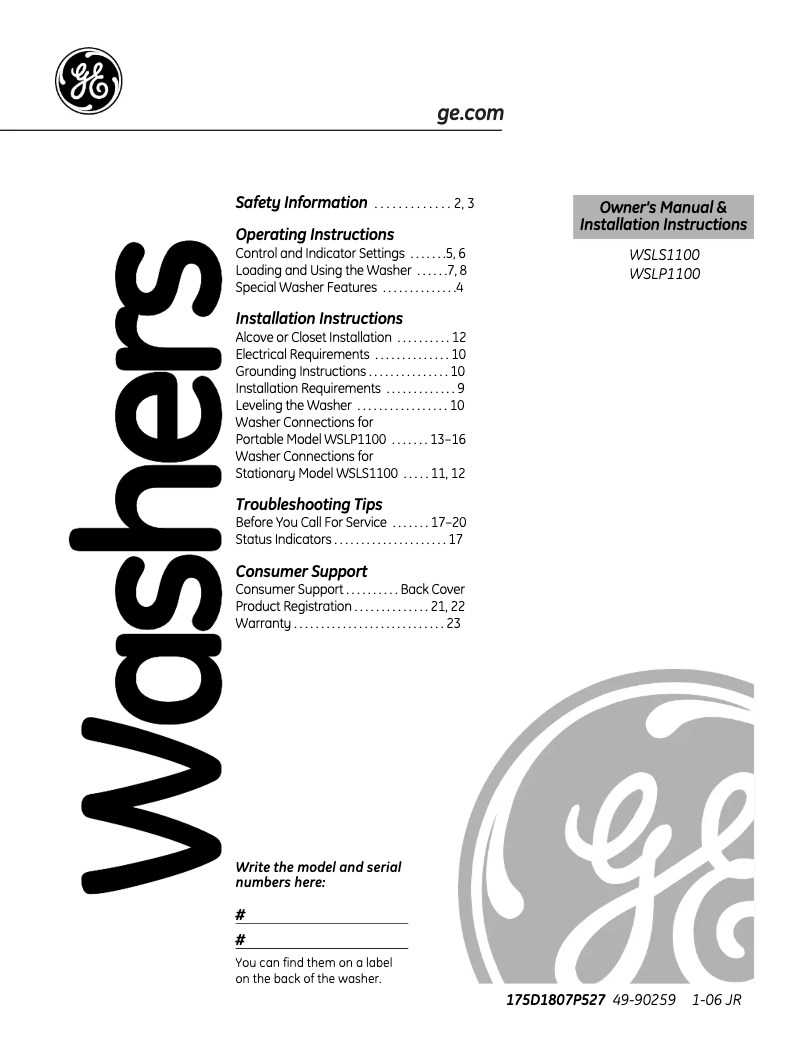 Página 1 del manual Manual de uso y mantenimiento GE WSLP1100DWH