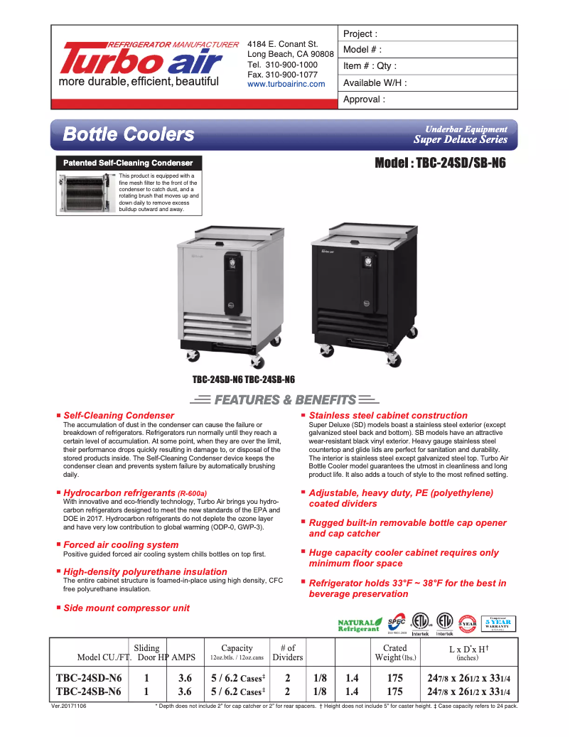 Página 1 del manual Ficha técnica Turbo air TBC-24SB