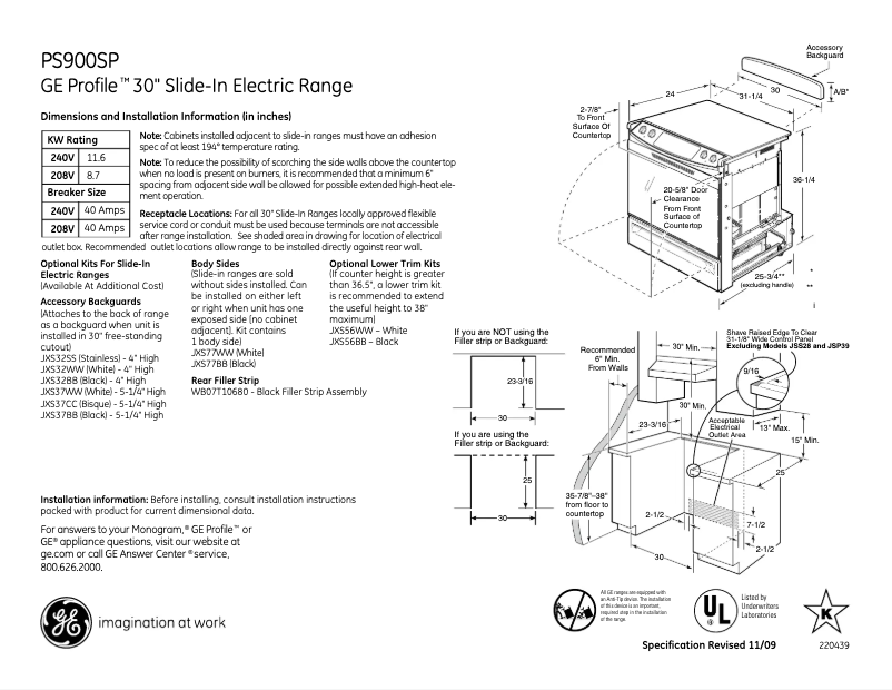 Page 1 de la notice Fiche technique GE Profile PS900SPSS