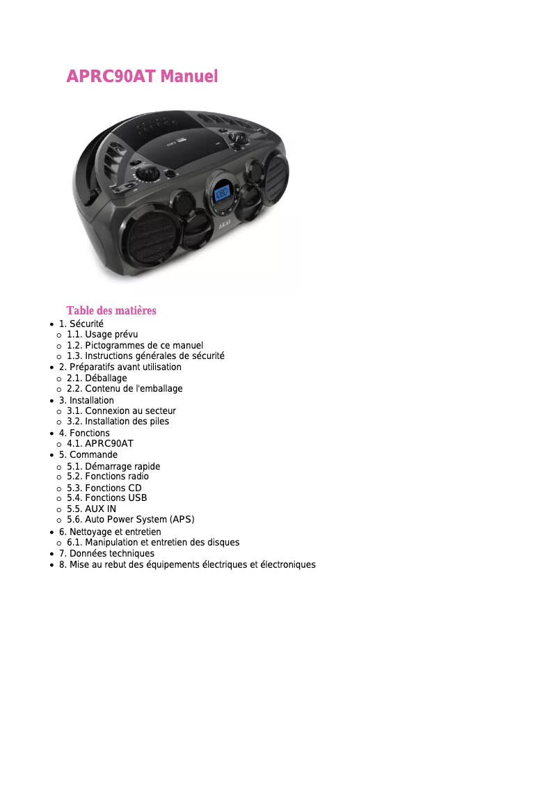 Page 1 de la notice Manuel utilisateur AKAI APRC90AT