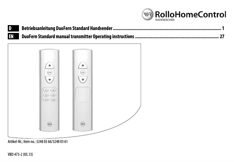 Page 1 de la notice Manuel utilisateur RADEMACHER Rollo Home Control 731005