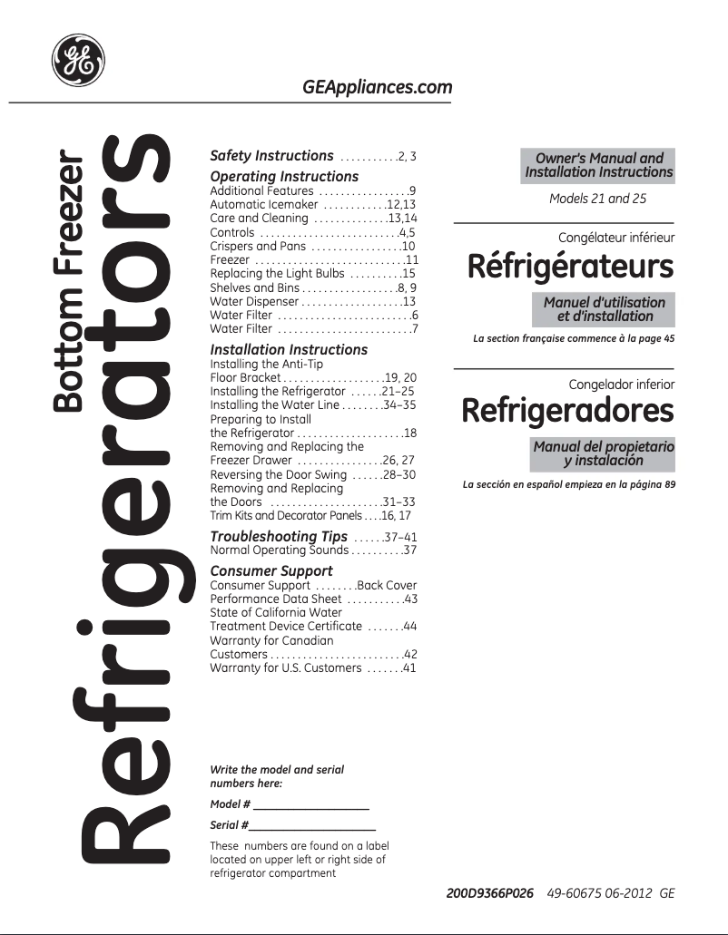 Page 1 de la notice Manuel d'utilisation et d'entretien GE Profile PFSF0MFCBB