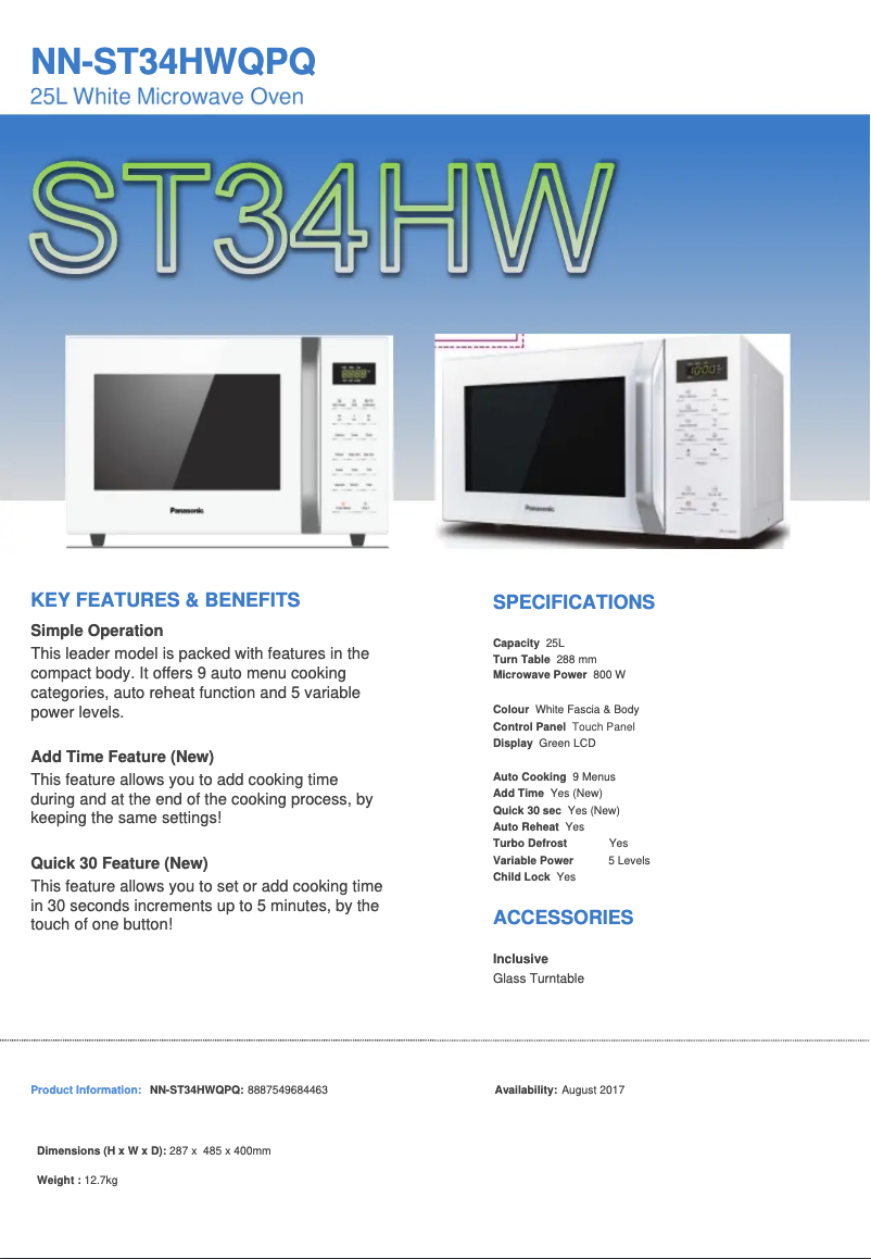 Page 1 de la notice Fiche technique Panasonic NN-ST342W