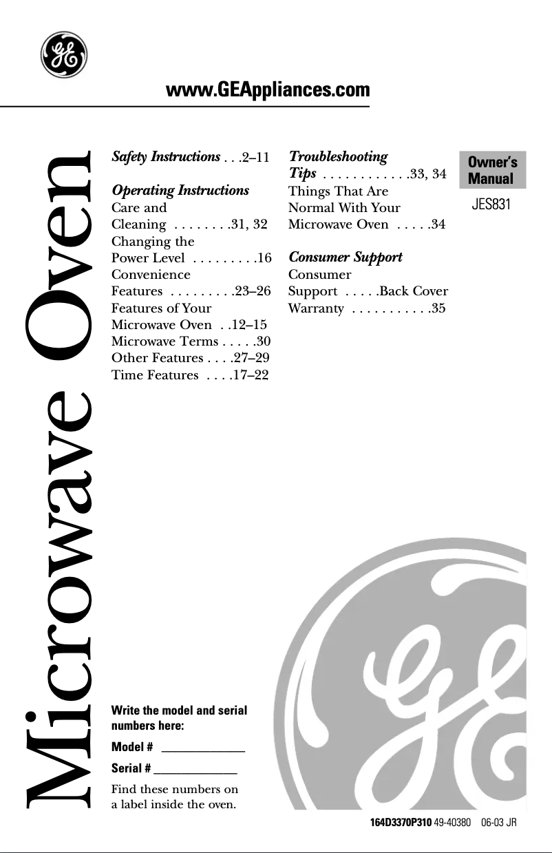 Página 1 del manual Manual de usuario GE JES831WF