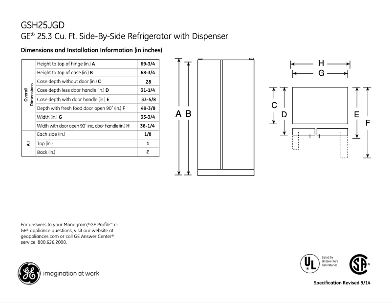Page 1 de la notice Fiche technique GE GSH25JGDCC