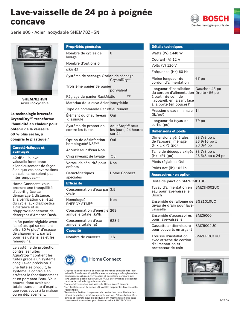 Page 1 of the manual Technical Sheet Bosch SHEM78ZH5N