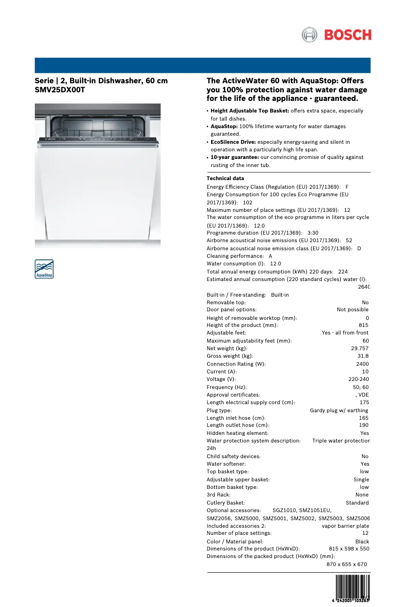 Page 1 of the manual Technical Sheet Bosch SMV25DX00T