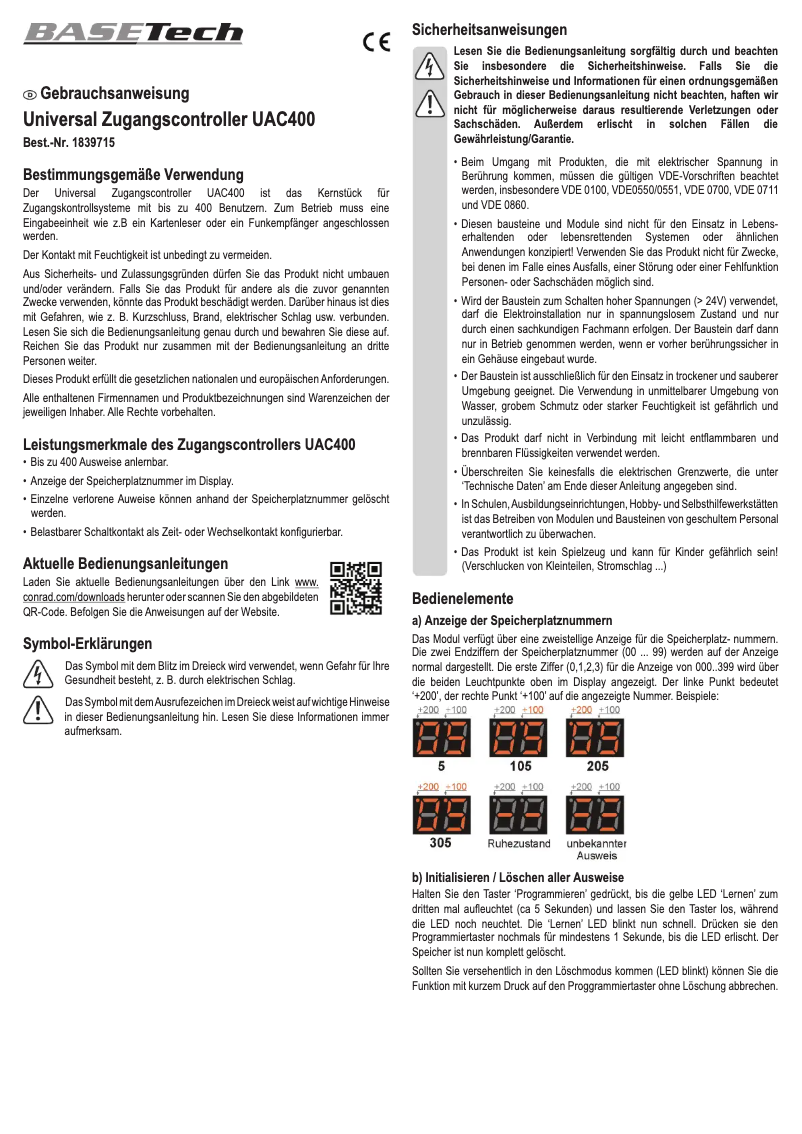 Page 1 de la notice Manuel utilisateur BaseTech UAC400