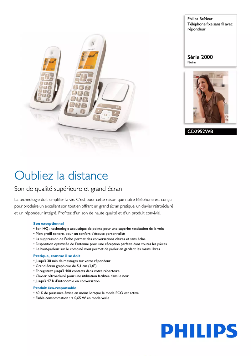 Page 1 of the manual Technical Sheet Philips BeNear CD2952WB