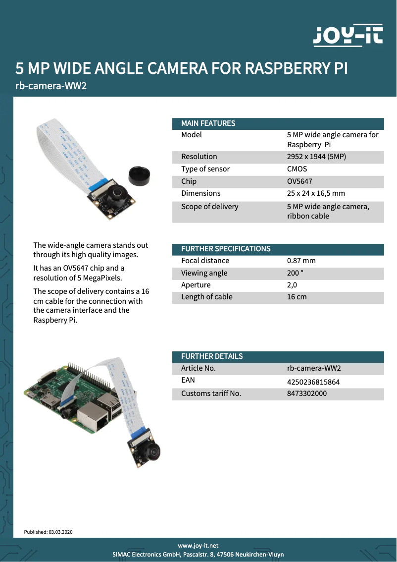 Página 1 del manual Ficha técnica Joy-It rb-camera-ww2
