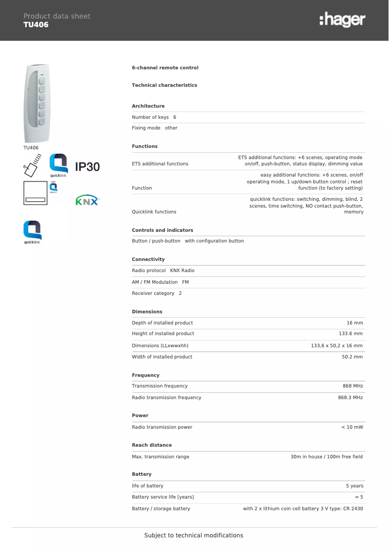 Page 1 de la notice Fiche technique Hager TU406