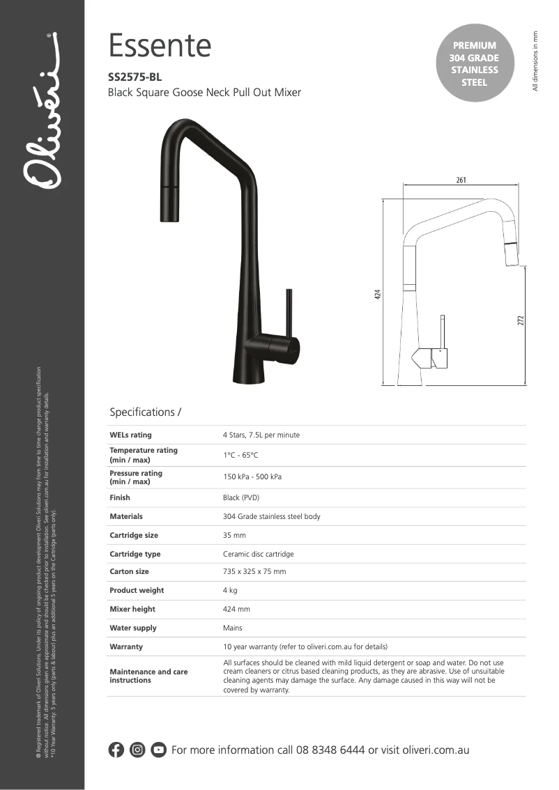 Page 1 de la notice Fiche technique Oliveri SS2575