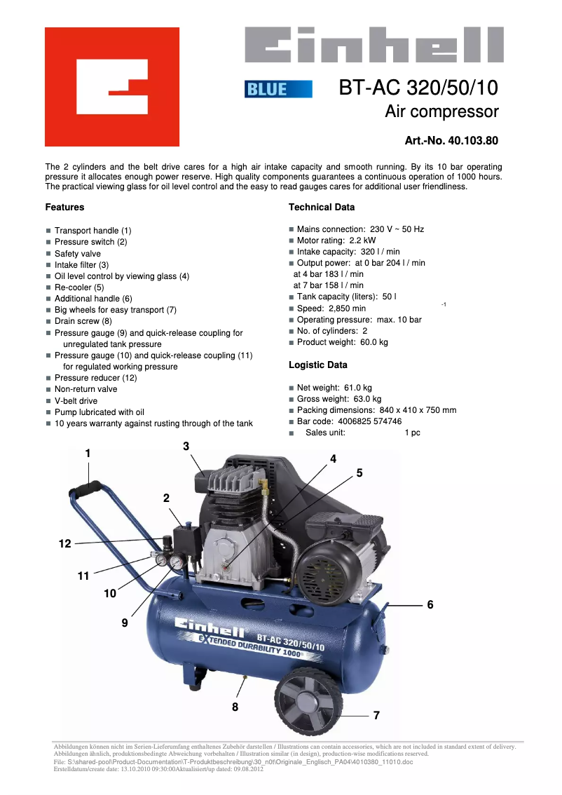 Page 1 de la notice Fiche technique Einhell BT-AC 320/50/10