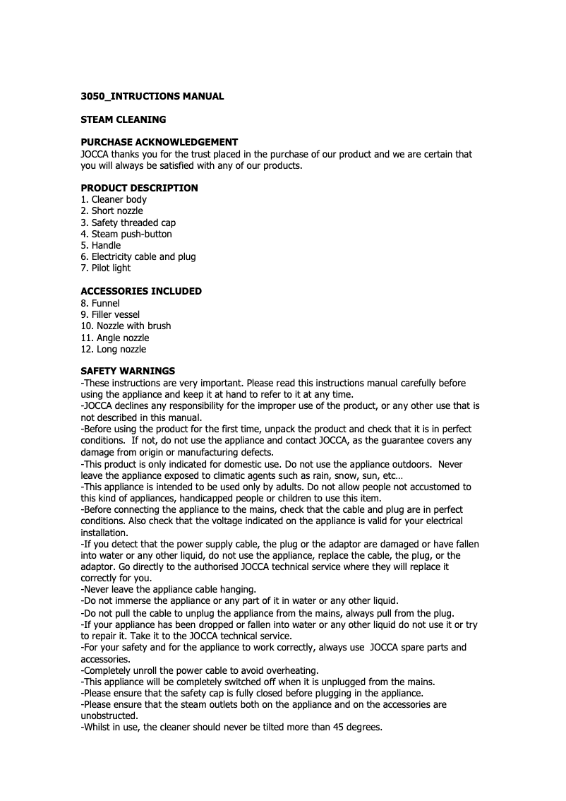 Page 1 de la notice Manuel utilisateur Jocca 3050