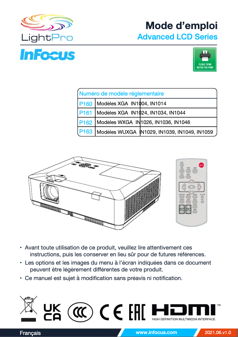 Page 1 de la notice Manuel utilisateur InFocus LightPro IN1034