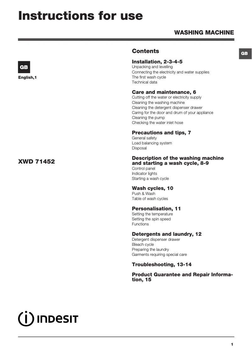 Image de la première page du manuel de l'appareil XWD 71452 WKKK UK