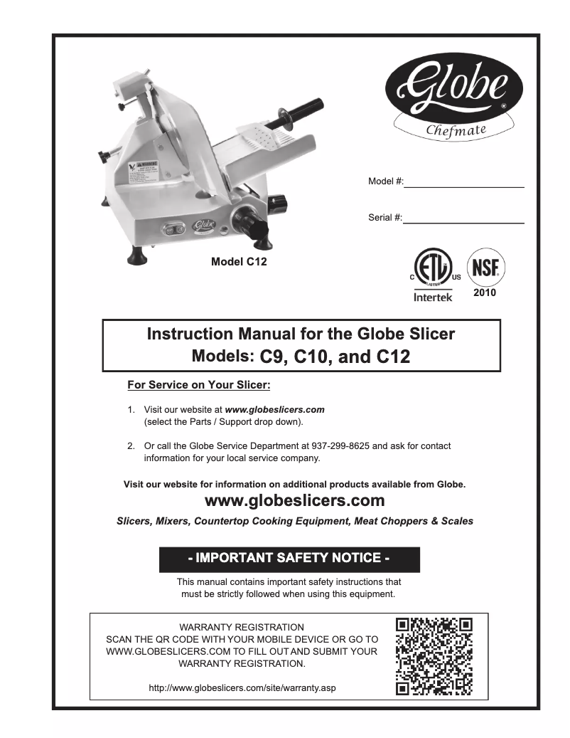 Page 1 de la notice Manuel d'utilisation et d'entretien Globe C10